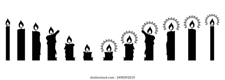 Set of Black linear candle silhouettes for religion commemorative and party icon. Candles flaming flat symbol collection. Candle icon. Vector Illustration.