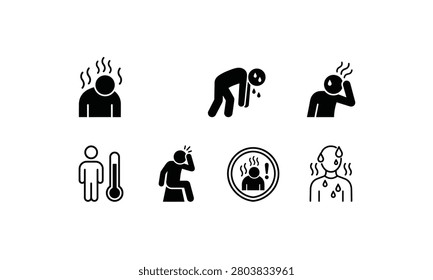 Set of black linear and glyph heatstroke and fever icons collection.
