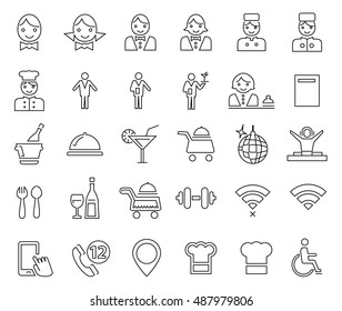 Set of black linear icons of restaurant and cafe items