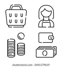 Conjunto de iconos lineales negros para tienda en estilo plano. efectivo, monedas, billetes, cartera, vendedor, carrito de compras. EPS10
