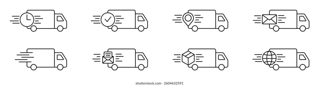 Set of black linear icons of trucks. Fast delivery concept.
Vector illustration.