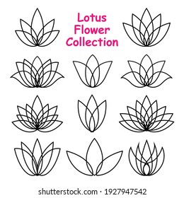 Set of black linear lotus icon. Sketch isolated flower symbols on white. Vector outline floral labels for spa center or beauty salon.