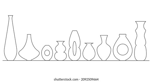 Set of black linear silhouette of vases and vassels of various shapes. Isolated. Decoration elements for home interior. Simple vector illustration.