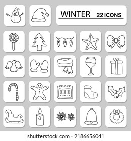 Conjunto De Iconos De Temporada De Invierno Lineal Negra Sobre El Fondo De La Plaza Gris.