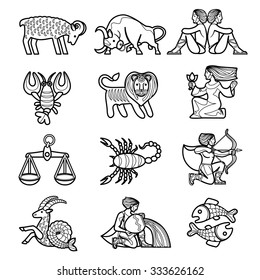 Set of black linear zodiacal signs with figures on white background. Vector illustration