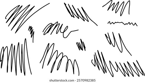 A set of black lines with abstract textured swirls and scribbles. A collection of elements for drawing with a calligraphic brush in the style of modern grunge.