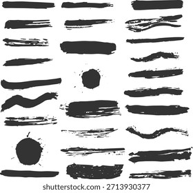 A set of black lines and brush strokes suitable for grunge design, vector graphics or texture mapping