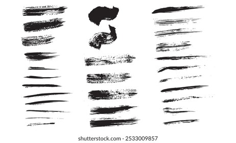 Conjunto de líneas negras de diferentes grosores y tamaños hechas en tinta, colección de rectángulos pintados, cuadros de texto largos en estilo grunge, colección de pinceladas de Vector, conjunto de cuadros de texto