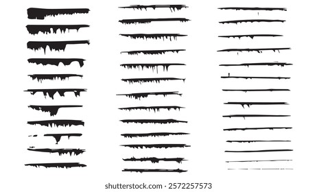 Set of black lines of different thicknesses and sizes made in ink, long text boxes in grunge style, collection of vector paint brush strokes, set of text boxes, imitation of leaks, frozen ice