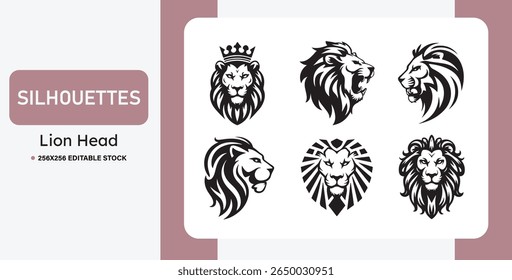 Conjunto de silhuetas de cabeça de leão preto em vários estilos. Ideal para logotipos, mascotes, tatuagens, emblemas e marcas. Ilustrações de leões em vetor negrito, tribal e heráldico