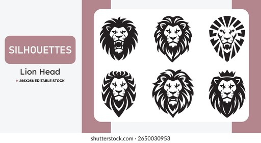 Set of black lion head silhouettes in various styles. Ideal for logos, mascots, tattoos, emblems, and branding. Bold, tribal, and heraldic vector illustrations of lions