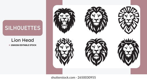Set of black lion head silhouettes in various styles. Ideal for logos, mascots, tattoos, emblems, and branding. Bold, tribal, and heraldic vector illustrations of lions
