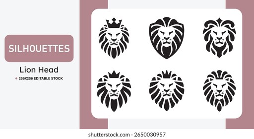 Set of black lion head silhouettes in various styles. Ideal for logos, mascots, tattoos, emblems, and branding. Bold, tribal, and heraldic vector illustrations of lions