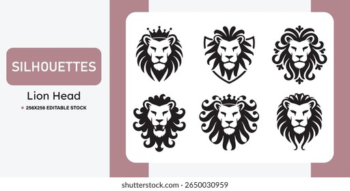 Set of black lion head silhouettes in various styles. Ideal for logos, mascots, tattoos, emblems, and branding. Bold, tribal, and heraldic vector illustrations of lions