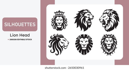 Set of black lion head silhouettes in various styles. Ideal for logos, mascots, tattoos, emblems, and branding. Bold, tribal, and heraldic vector illustrations of lions