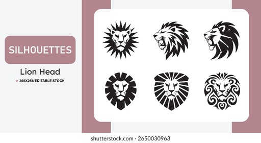 Conjunto de silhuetas de cabeça de leão preto em vários estilos. Ideal para logotipos, mascotes, tatuagens, emblemas e marcas. Ilustrações de leões em vetor negrito, tribal e heráldico