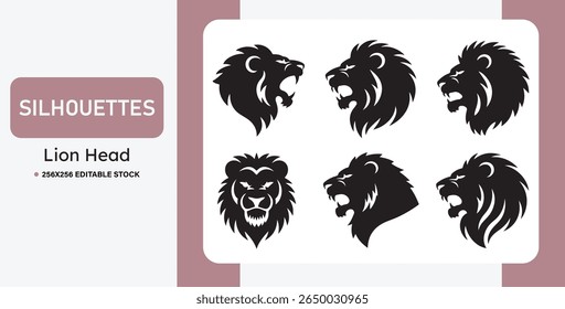 Conjunto de silhuetas de cabeça de leão preto em vários estilos. Ideal para logotipos, mascotes, tatuagens, emblemas e marcas. Ilustrações de leões em vetor negrito, tribal e heráldico