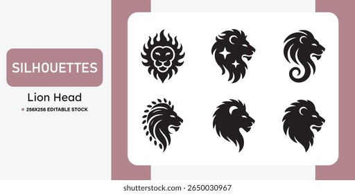 Conjunto de silhuetas de cabeça de leão preto em vários estilos. Ideal para logotipos, mascotes, tatuagens, emblemas e marcas. Ilustrações de leões em vetor negrito, tribal e heráldico