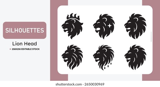 Set of black lion head silhouettes in various styles. Ideal for logos, mascots, tattoos, emblems, and branding. Bold, tribal, and heraldic vector illustrations of lions