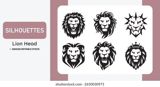 Set of black lion head silhouettes in various styles. Ideal for logos, mascots, tattoos, emblems, and branding. Bold, tribal, and heraldic vector illustrations of lions