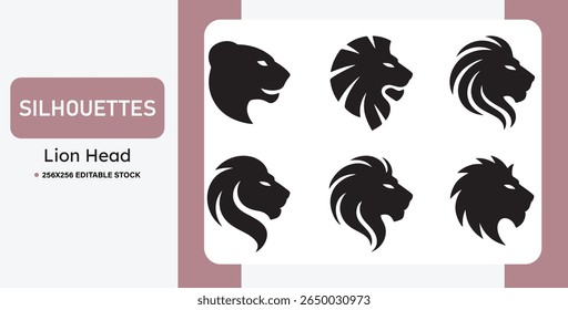 Conjunto de silhuetas de cabeça de leão preto em vários estilos. Ideal para logotipos, mascotes, tatuagens, emblemas e marcas. Ilustrações de leões em vetor negrito, tribal e heráldico