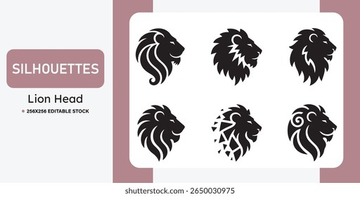 Set of black lion head silhouettes in various styles. Ideal for logos, mascots, tattoos, emblems, and branding. Bold, tribal, and heraldic vector illustrations of lions
