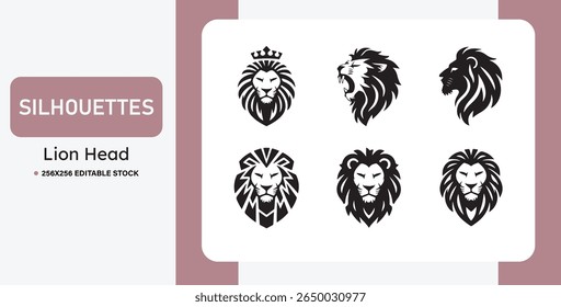 Conjunto de silhuetas de cabeça de leão preto em vários estilos. Ideal para logotipos, mascotes, tatuagens, emblemas e marcas. Ilustrações de leões em vetor negrito, tribal e heráldico
