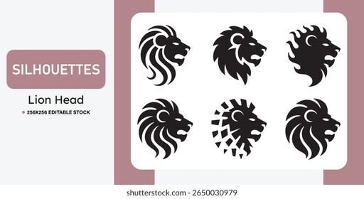 Set of black lion head silhouettes in various styles. Ideal for logos, mascots, tattoos, emblems, and branding. Bold, tribal, and heraldic vector illustrations of lions