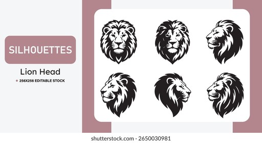 Conjunto de silhuetas de cabeça de leão preto em vários estilos. Ideal para logotipos, mascotes, tatuagens, emblemas e marcas. Ilustrações de leões em vetor negrito, tribal e heráldico