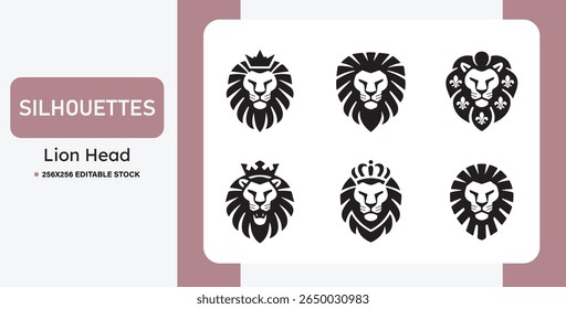 Set of black lion head silhouettes in various styles. Ideal for logos, mascots, tattoos, emblems, and branding. Bold, tribal, and heraldic vector illustrations of lions