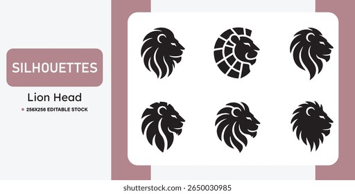 Set of black lion head silhouettes in various styles. Ideal for logos, mascots, tattoos, emblems, and branding. Bold, tribal, and heraldic vector illustrations of lions