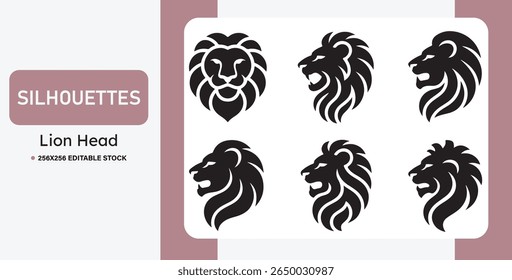 Conjunto de silhuetas de cabeça de leão preto em vários estilos. Ideal para logotipos, mascotes, tatuagens, emblemas e marcas. Ilustrações de leões em vetor negrito, tribal e heráldico