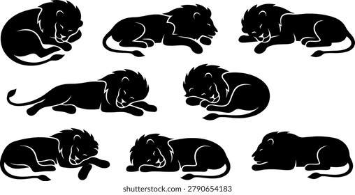 Set of black lion silhouettes in various resting and sleeping poses for animal branding and wildlife illustrations
