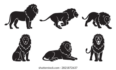 Set of Black Lion Silhouettes in Various Poses Running Sitting Roaring and Standing Vector Art