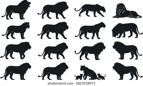 Set of black lion silhouettes in various walking, lying, and family poses on a white background, for and branding