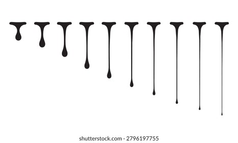 A set of black liquid drips, paint splashes, or ink drops hanging in a horizontal line, isolated on a clean white background for graphic design.