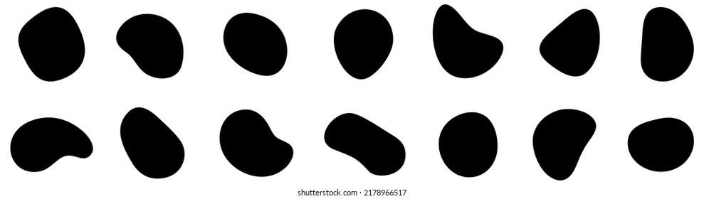 set of black liquid drops, design elements, flowing shapeless blots isolated on white