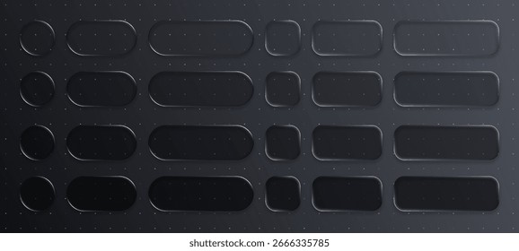 Conjunto de Elementos de interfaz de usuario de morfismo de vidrio líquido negro. Patrón oscuro Abstractas con Botones transparentes para el diseño de UI.