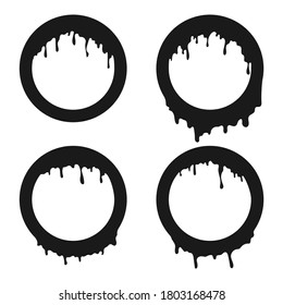 Set of black liquid round frames. The stain with the current flow the splash and drops. Vector illustration.