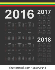 Set of black Lithuanian 2016, 2017, 2018 year vector calendars. Week starts from Sunday.