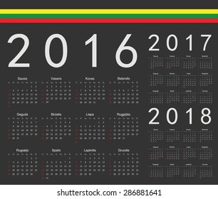 Set of black Lithuanian 2016, 2017, 2018 year vector calendars. Week starts from Sunday.