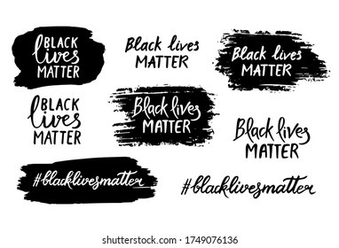 Set of Black Lives Matter hand drawn lettering signs isolated on white background. International human rights movement handwriting text. Social media hashtag. Vector illustration.