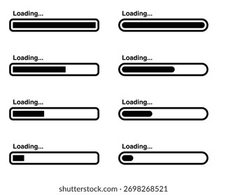 Set of black loading bar icons showing different progress levels and rounded shapes on white background, modern minimal vector design for web or UI interface projects