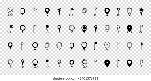 Legen Sie das Symbol für den schwarzen Lokalisierungsstift fest. Pin-Platzierungsmarker. Zielsymbol. Modern Map Marker Logo Symbol Set. GPS-Pin-Symbolsammlung. Flacher Stil. Vektorgrafik auf transparentem Hintergrund.