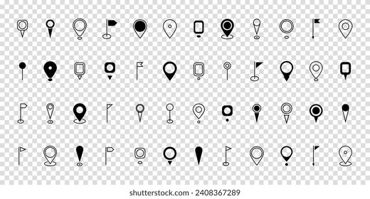 Legen Sie das Symbol für den schwarzen Lokalisierungsstift fest. Pin-Platzierungsmarker. Zielsymbol. Modern Map Marker Logo Symbol Set. GPS-Pin-Symbolsammlung. Flacher Stil. Vektorgrafik auf transparentem Hintergrund.