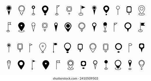 Set black location pin icon. Map pin place marker. Destination symbol, Location icon. Modern Map marker pointer logo icon set. GPS pin symbol collection. Flat style. Vector illustration.