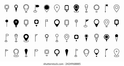 Symbol für schwarzen Positionsstift festlegen. Karte Pin-Ortsmarke. Zielsymbol, Standortsymbol. Moderner Kartenmarkierungs-Zeiger-Logo-Satz. GPS-Pin-Symbolsammlung. Flacher Stil. Vektorgrafik.