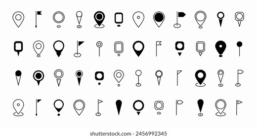 Symbol für schwarzen Positionsstift festlegen. Karte Pin-Ortsmarke. Zielsymbol, Standortsymbol. Moderner Kartenmarkierungs-Zeiger-Logo-Satz. GPS-Pin-Symbol-Kollektion. Flacher Stil. Vektorillustration.