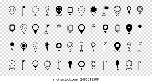 Set black location pin icon. Map pin place marker. Destination symbol. Modern Map marker pointer logo icon set. GPS pin symbol collection. Flat style. Vector illustration on transparent background.