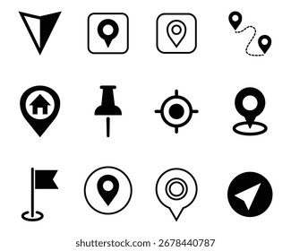 Conjunto de icono de pin de ubicación negro. Contiene mapa, mapa pin, gps, lugar, navegación, Dirección, destino, direcciones, iconos de distancia. Conjunto de iconos de logotipo de puntero de marcador de mapa de Vector de siluetas modernas. 